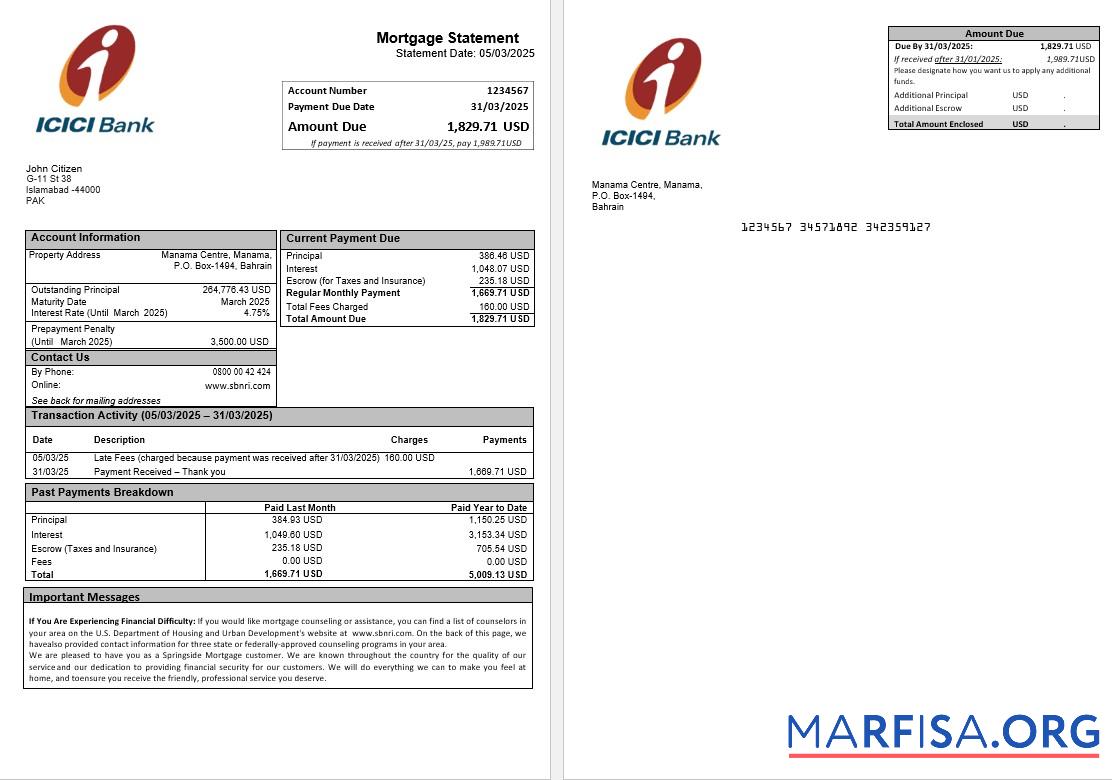 Printable Pakistan ICICI mortgage statement in Word and PDF formats without wm template